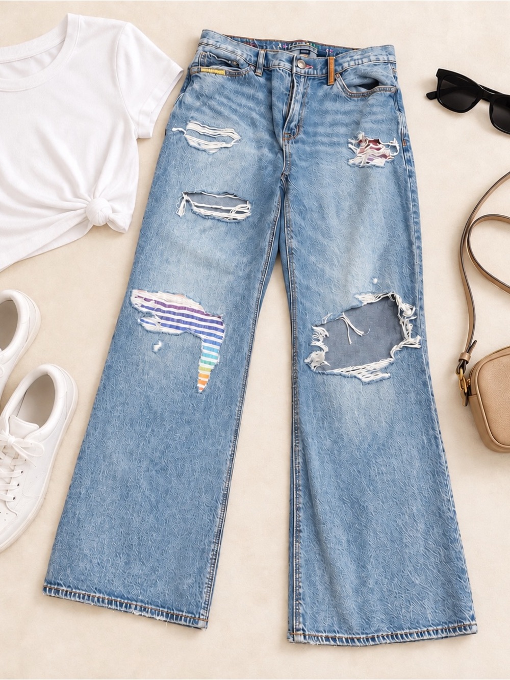 American Eagle Outfitters Blue Distressed Wide-Leg Jeans with Rainbow Patch